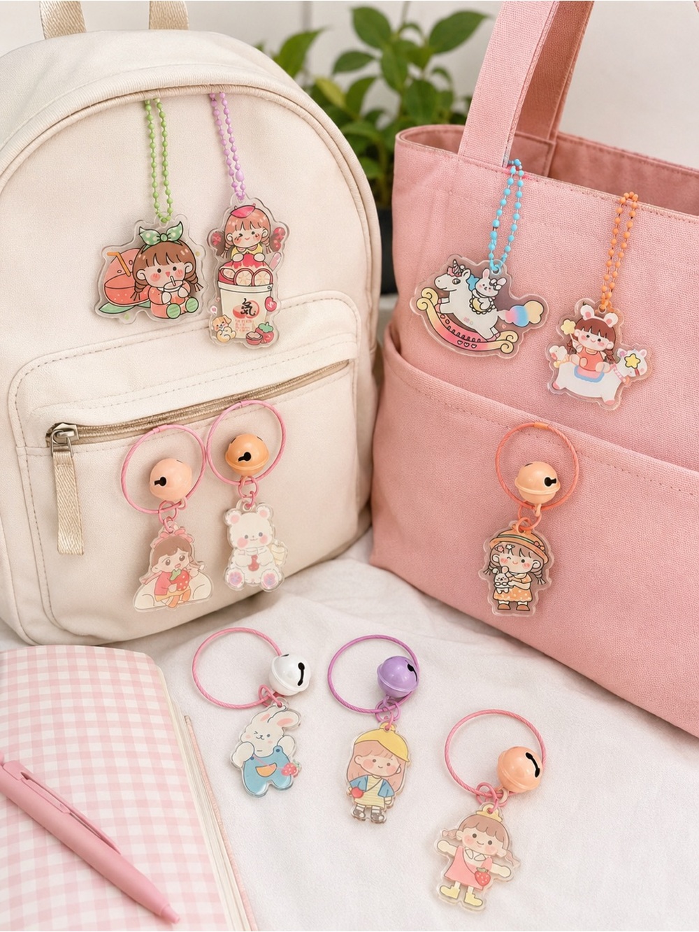 Set of 10 Kawaii-Style Cartoon Bag Charms, Keychains  NEW